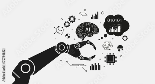 Robotic arm interacting with artificial intelligence technology icons.