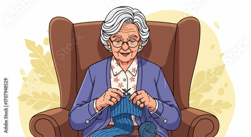 Old woman knitting in armchair, knitting with blue wool in comfortable armchair, smiling. Old woman enjoys knitting as cozy pastime in her upholstered armchair at home.
