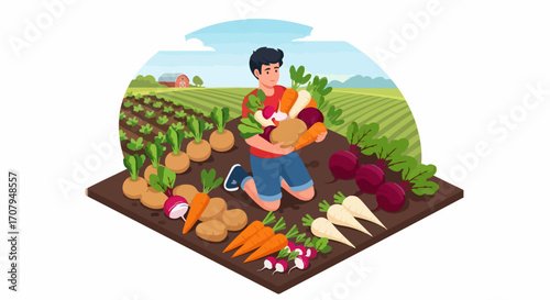 Harvesting vegetables in organic farm field, showcasing healthy lifestyle. Man harvesting vegetables, including potatoes, carrots and radishes, near plants and vegetation.