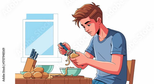 Young man peeling potatoes in kitchen, preparing potatoes for a home cooked meal. Peeling potatoes makes for a simple culinary task in bright kitchen. Concept: peeling potatoes to prepare delicious,
