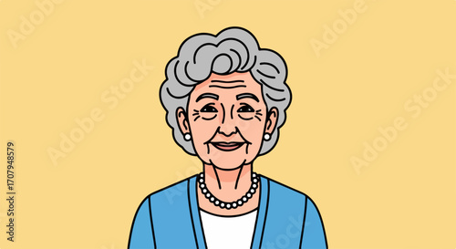 Elderly woman poses against light yellow background. Elderly woman wears a blue top with beaded necklace. Elderly woman's portrait makes for excellent greeting card design,