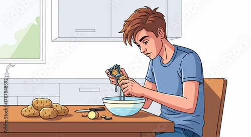 Young man grating potatoes at kitchen table for family dinner, fresh potatoes and cooking ingredients for tasty meal. He grates potatoes with peeler.