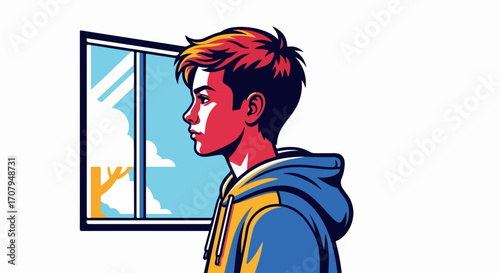 Boy at window gazes thoughtfully outside at beautiful sunny day. Boy at window contemplating day's possibilities with bright sunny weather reflected in frame, and a sense of calm, perhaps waiting,