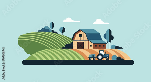 Rural farm landscape with a wooden barn and tractor in the fields.