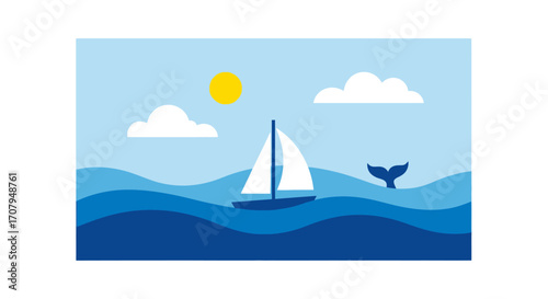 Sailboat and whale tail on a calm blue sea.