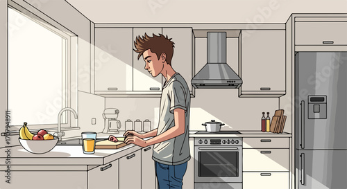 Morning routine in kitchen with person cooking breakfast. Kitchen morning routine involves preparing a meal and sunlight shining through window. Starting day with peaceful kitchen morning routine.