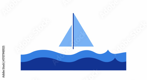 Sailing Boat on Water, Blue Sailing Vessel, Calm Ocean Waves.