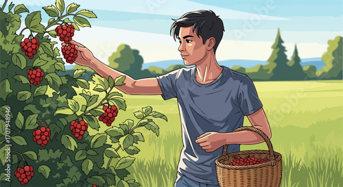 Harvesting berries with young man picking fresh raspberries from plant in countryside. Harvesting berries from a beautiful, sunny garden is something that brings joy.