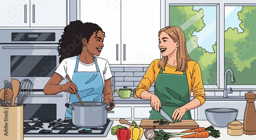 Two women cooking together in domestic kitchen, preparing healthy meal by cutting vegetables and stirring ingredients in pot. Cooking together makes for great friendship and cooperation,