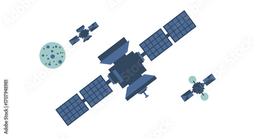 Satellite in Space with Solar Panels and Small Satellites.