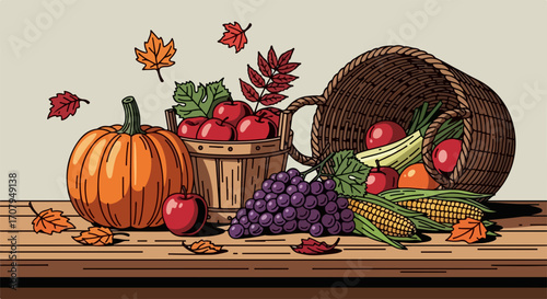 Autumn harvest bounty featuring pumpkin, grapes, corn spilling from rustic wicker basket. Autumn harvest display includes gourds, colorful fall leaves, and wooden bucket adding to rustic charm.