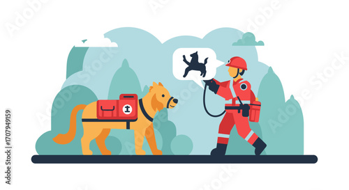 Search and rescue team with a trained dog on a mission.