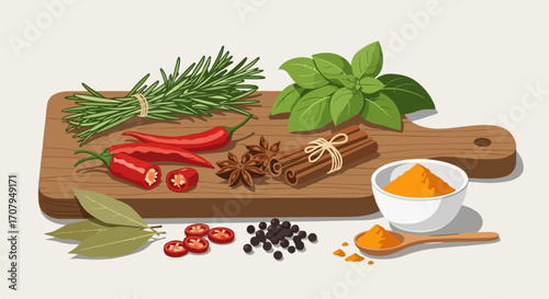 Culinary spices and herbs on wooden cutting board. Fresh culinary spices include rosemary, red pepper and cinnamon. Fresh herbs, culinary spices for cooking and flavoring, add taste to meals,