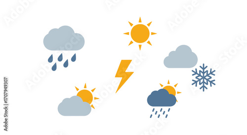Set of colorful flat design weather forecast icons.