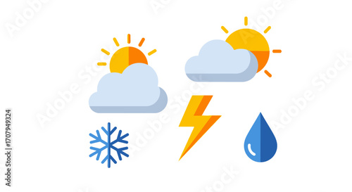 Set of colorful flat weather forecast icons.