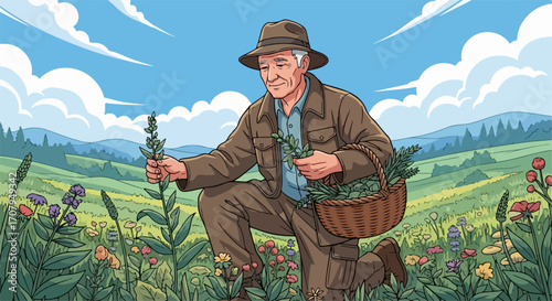 Herbal medicine gathering showing older man in meadow picking herbs, gathering ingredients. This herbal medicine preparation takes place in nature,