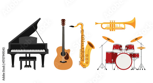 Set of classic musical instruments for various music genres.