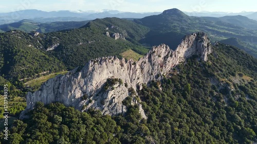 Aerial flyover above the Dentelles de Montmirail in Provence France at Le Mont Ventoux