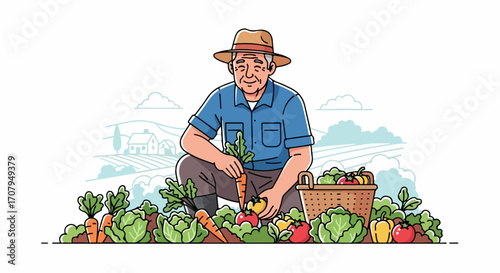 Farmer harvesting vegetables, an elder man sitting in garden with fresh produce and basket filled with vegetables. Farmer harvesting vegetables, showing ripe carrots, peppers, and cabbage,