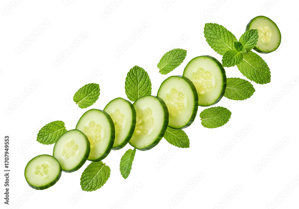 Obraz premium Refreshing Cucumber Slices and Fresh Mint Leaves Flying on White Background