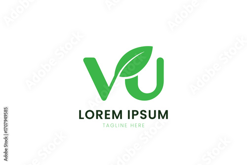 Minimalist green vu logo with leaf symbol for eco-friendly brands and natural products
