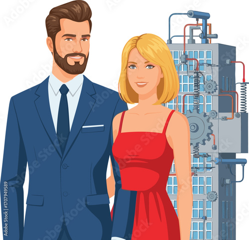 Man and woman standing confidently in front of industrial machinery, engineering background, business professionals,