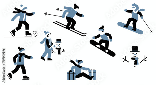 Set of stylized illustrations of people enjoying winter sports and holiday activities.