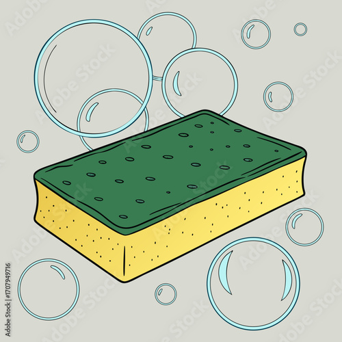 Illustration of a green and yellow cleaning sponge surrounded by bubbles for dishwashing and cleaning tasks