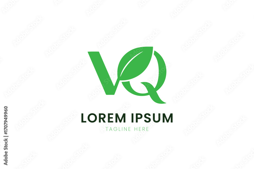 Fototapeta premium Minimalist green vq logo with leaf element and placeholder text on white backdrop