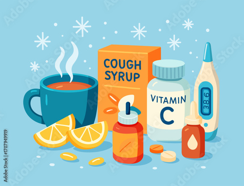 Flu and Cold Season Illustration Cough Syrup, Vitamin C, Thermometer, Hot Tea with Lemon, Pills and Medicine Bottles, Healthcare and Immunity Concept Vector