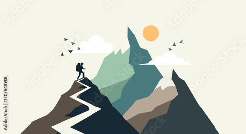 Silhouette of a hiker with a backpack reaching a mountain summit.