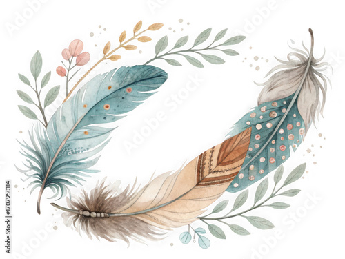 Muted watercolor boho feather border delicate natural elements for creative designs isolated on white background