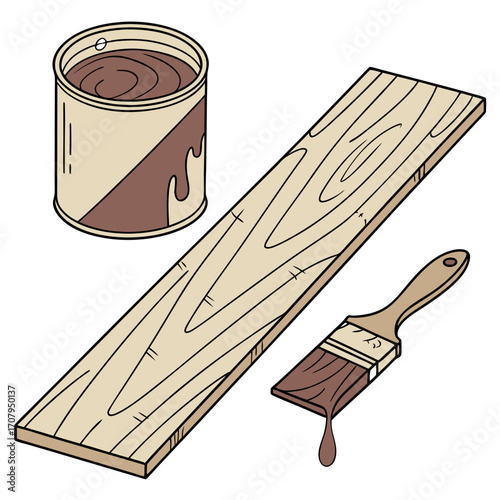 Wood finishing supplies including stain can, paintbrush, and wooden plank ready for renovation