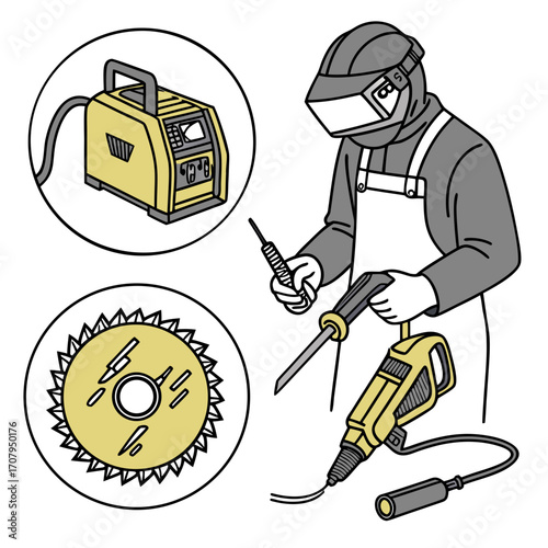 Skilled welder in protective gear with equipment, showcasing precision and industrial tools for construction.