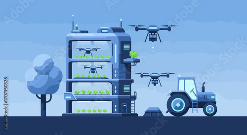 Smart Agriculture Concept with Vertical Farming and Drones.