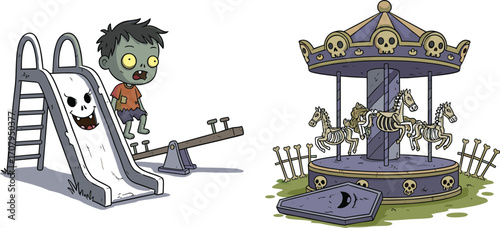 Cartoon zombie boy jumping off creepy skull slide with scary seesaw and spooky carousel with skeleton horses Halloween playground
