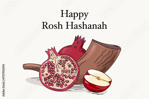 Happy Rosh hashanah banner. Jewish holiday Rosh Hashanah with pomegranate, apple and shofar. Shana tova