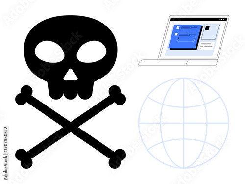 Skull and crossbones symbol, laptop with webpage preview, global grid depiction. Ideal for cybersecurity, hacking, global risk, data protection, malware, online threats simple flat metaphor