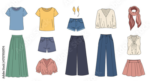 Fashion Flat Lay Collection of Casual Womens Clothing and Accessories.