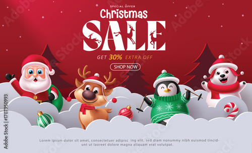 Christmas Sale vector template with Christmas characters like Santa Claus, reindeer, penguin and polar bear with baubles and candy cane in paper cut background vector illustration. 