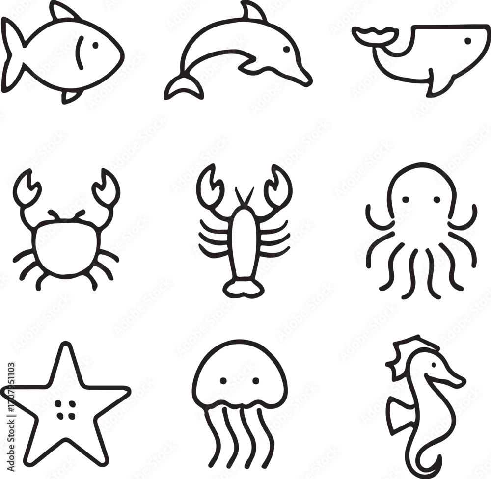 Fototapeta premium Cute hand drawn ocean animal icons set