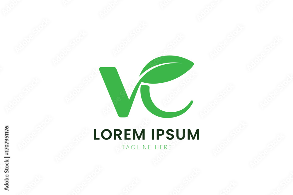 Fototapeta premium Minimalist green vc logo design with leaf element and lorem ipsum text placeholder