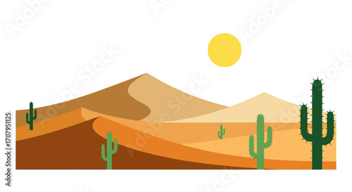 Stylized Cartoon Desert Landscape with Sand Dunes and Cacti.