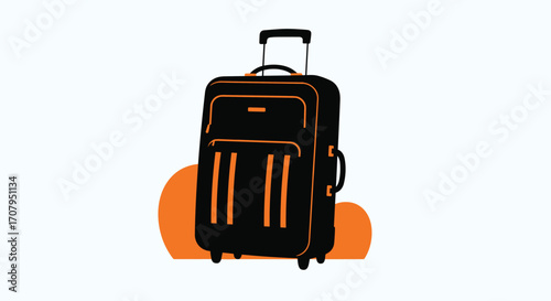 Black Rolling Suitcase with Orange Accents on a White Background.