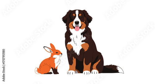 Bernese Mountain Dog and Fox Sitting Together.