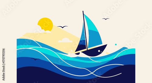 Stylized sailboat navigating through blue ocean waves illustration.