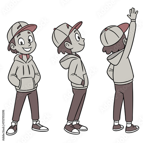 Cartoon boy in grey hoodie and cap in 3 poses, front, side and back view.