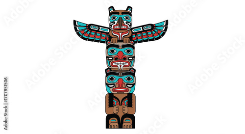 Colorful Totem Pole Native American Art Sculpture.