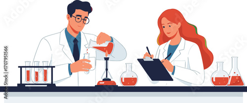 Two young scientists performing chemical experiments in laboratory, using beakers and test tubes, wearing lab coats, conducting scientific research -