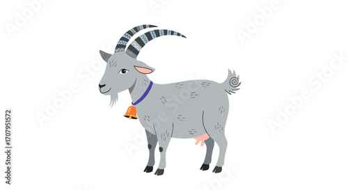 A charming illustration of a grey goat with large curved horns and a bell around its neck.